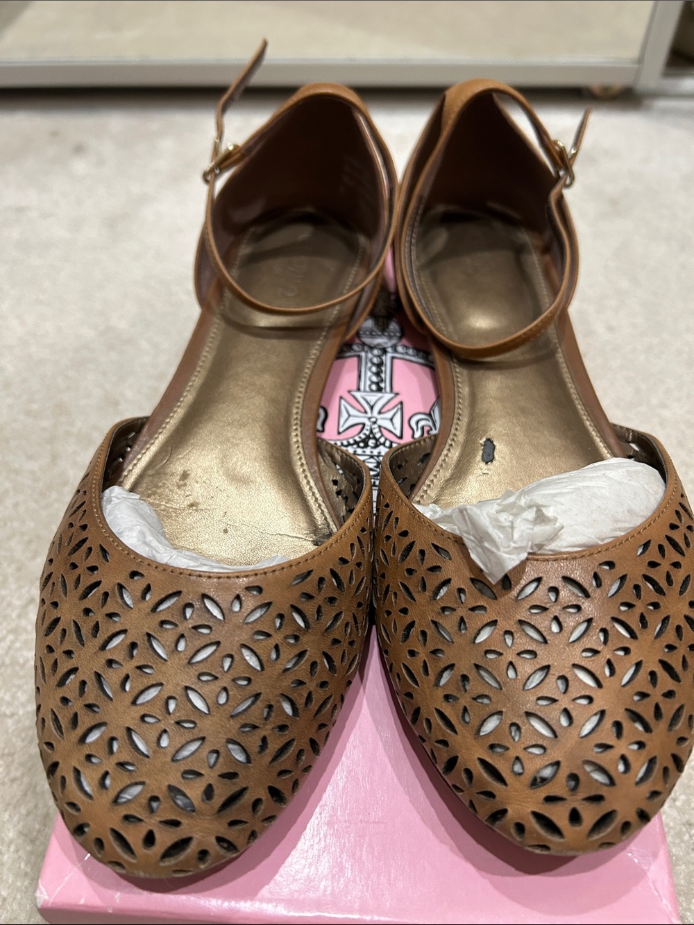 Crown Vintage Tan Laser-Cut Ankle-Strap Flats